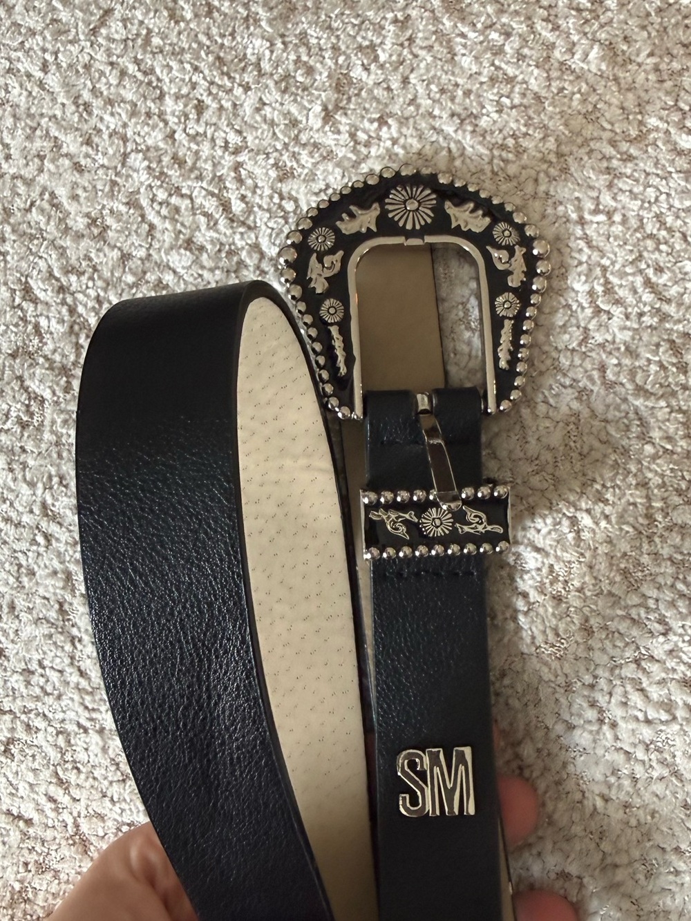 Steve Madden Black Western-Style Leather Belt with Silver Floral Buckle